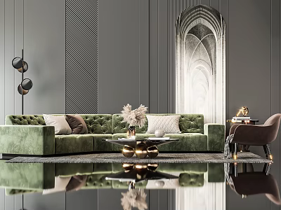 Green Velvet Sofa And Coffee Table Set For Modern Living Room With Plants Gold Accents 3d model