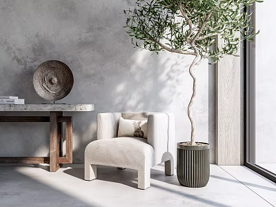 White Single Sofa with Cushion in Modern Minimalist Interior Featuring Olive Tree and Wooden Table 3d model
