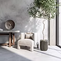 White Single Sofa with Cushion in Modern Minimalist Interior Featuring Olive Tree and Wooden Table