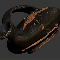 Ancient Black Vase with Intricate Orange Sculpted Mythological Figures and Winged Creatures