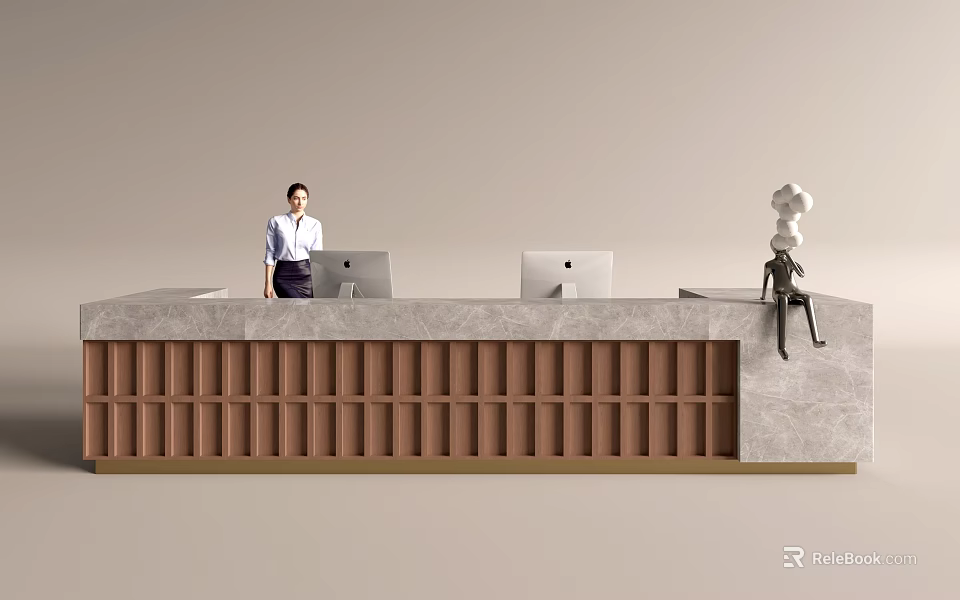 Front Desk Reception With Standing Staff Two Computers And Cloud Shaped Sculpture Brown Gray Striped Design 3d model 