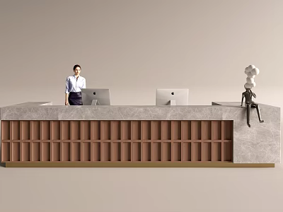 Front Desk Reception With Standing Staff Two Computers And Cloud Shaped Sculpture Brown Gray Striped Design 3d model