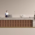 Front Desk Reception With Standing Staff Two Computers And Cloud Shaped Sculpture Brown Gray Striped Design
