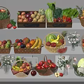 Fresh Assorted Fruits and Vegetables in Wicker Baskets on Shelves with Labels