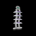 White Multi Layer Display Shelf With Purple Items And Top Circular Sign For Retail