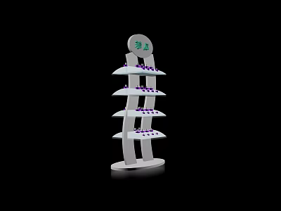 White Multi Layer Display Shelf With Purple Items And Top Circular Sign For Retail 3d model