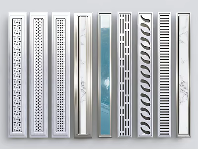 Bathroom Accessories Various Decorative Shower Drain Strips Featuring Modern Patterns And Metal Finishes 3d model