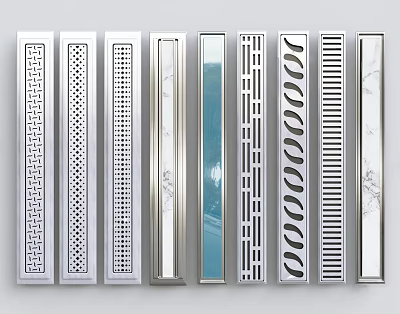 Bathroom Accessories Various Decorative Shower Drain Strips Featuring Modern Patterns And Metal Finishes 3d model