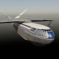 Streamlined Passenger Airplane Flying With Blue Stripe Aerodynamic Wings And Tail