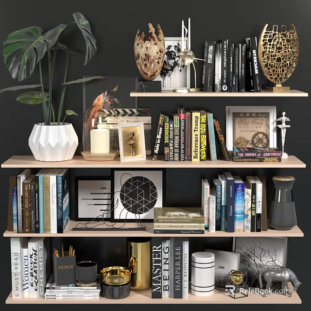 Stylish Decorative Accessories And Ornaments Set On Bookshelf With Books Plants Frames And Vases 3d model 