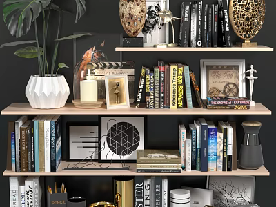 Stylish Decorative Accessories And Ornaments Set On Bookshelf With Books Plants Frames And Vases 3d model