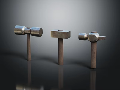 Essential Hardware Tools Three Different Hammers with Metal Heads and Wooden Handles 3d model