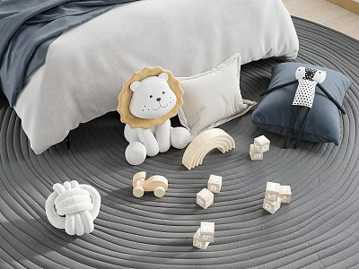 Lion Plush Toy And Other Toys On Bedroom Rug 3d model