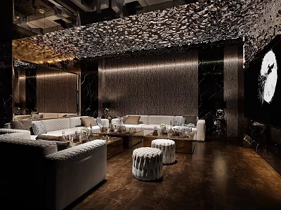 Luxurious KTV Room Interior With Comfortable Sofa Coffee Table Large Screen And Stylish Ceiling Lighting 3d model