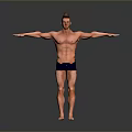 Muscular Shirtless Man In Dark Shorts With Arm Sleeves And Outstretched Arms On Gray Background