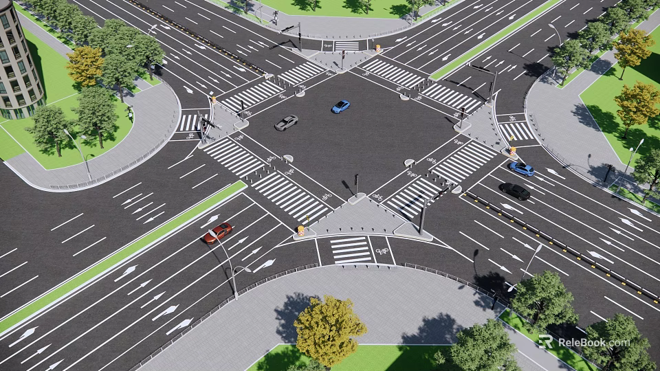 Traffic Signage At Urban Intersection With Zebra Crossings Vehicles And Street Lamps 3d model 