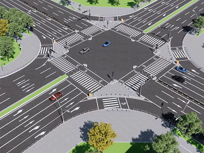 Traffic Signage At Urban Intersection With Zebra Crossings Vehicles And Street Lamps 3d model
