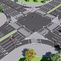 Traffic Signage At Urban Intersection With Zebra Crossings Vehicles And Street Lamps