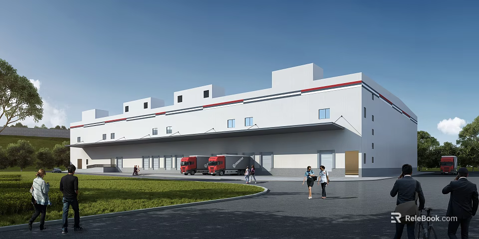 Modern White Industrial Warehouse Building Exterior With Red Trucks And People Nearby 3d model 
