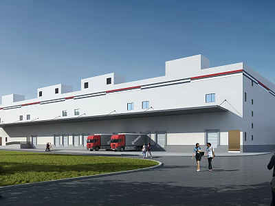 Modern White Industrial Warehouse Building Exterior With Red Trucks And People Nearby 3d model