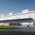 Modern White Industrial Warehouse Building Exterior With Red Trucks And People Nearby