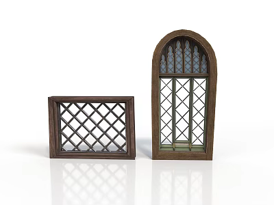 Vintage Square And Arched Wooden Windows With Diamond Lattice Design 3d model