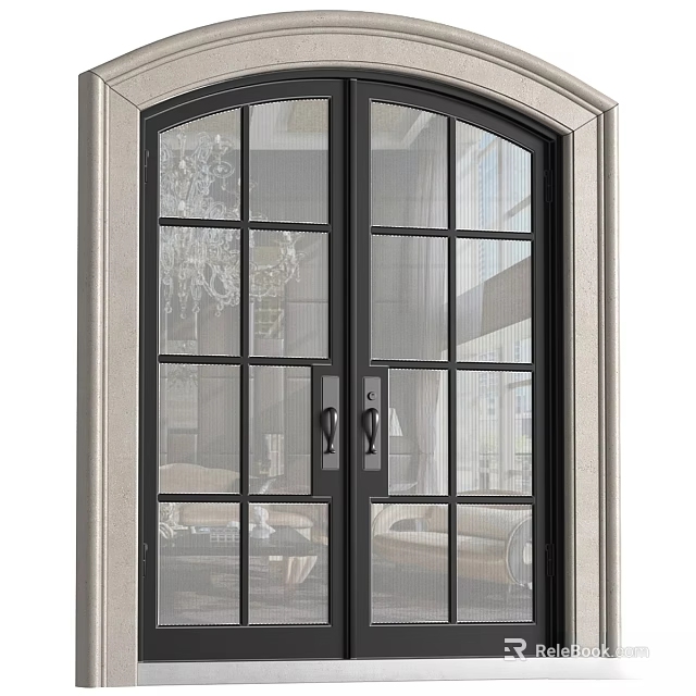 Double Casement Door With Black Frame Glass Panes Arched Top And Decorative Frame 3d model 
