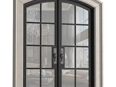 Double Casement Door With Black Frame Glass Panes Arched Top And Decorative Frame 3d model