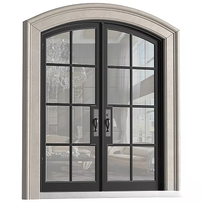 Double Casement Door With Black Frame Glass Panes Arched Top And Decorative Frame 3d model