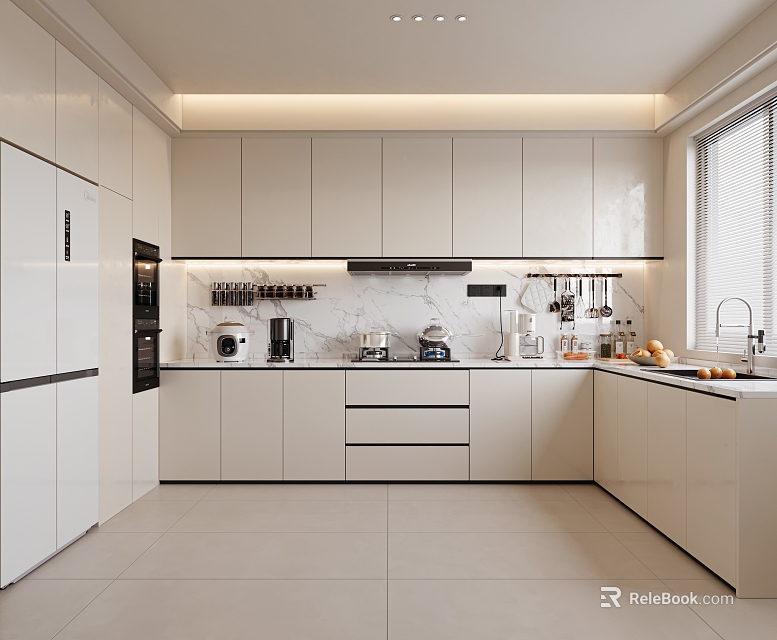 Modern Kitchen Interior With White Cabinets Marble Counter And Appliances 3d model 