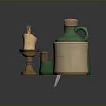 Still Life Tabletop Arrangement With Green Ceramic Jug Wooden Lid Lit Candle And Cups