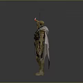 Mythical Man In Gold And Red Armor With Horned Helmet Cloak And Long Sword