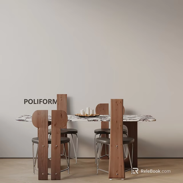 Poliform Modern Dining Table Set With Marble Top And Wooden Metal Chairs 3d model 