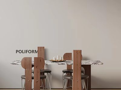 Poliform Modern Dining Table Set With Marble Top And Wooden Metal Chairs 3d model