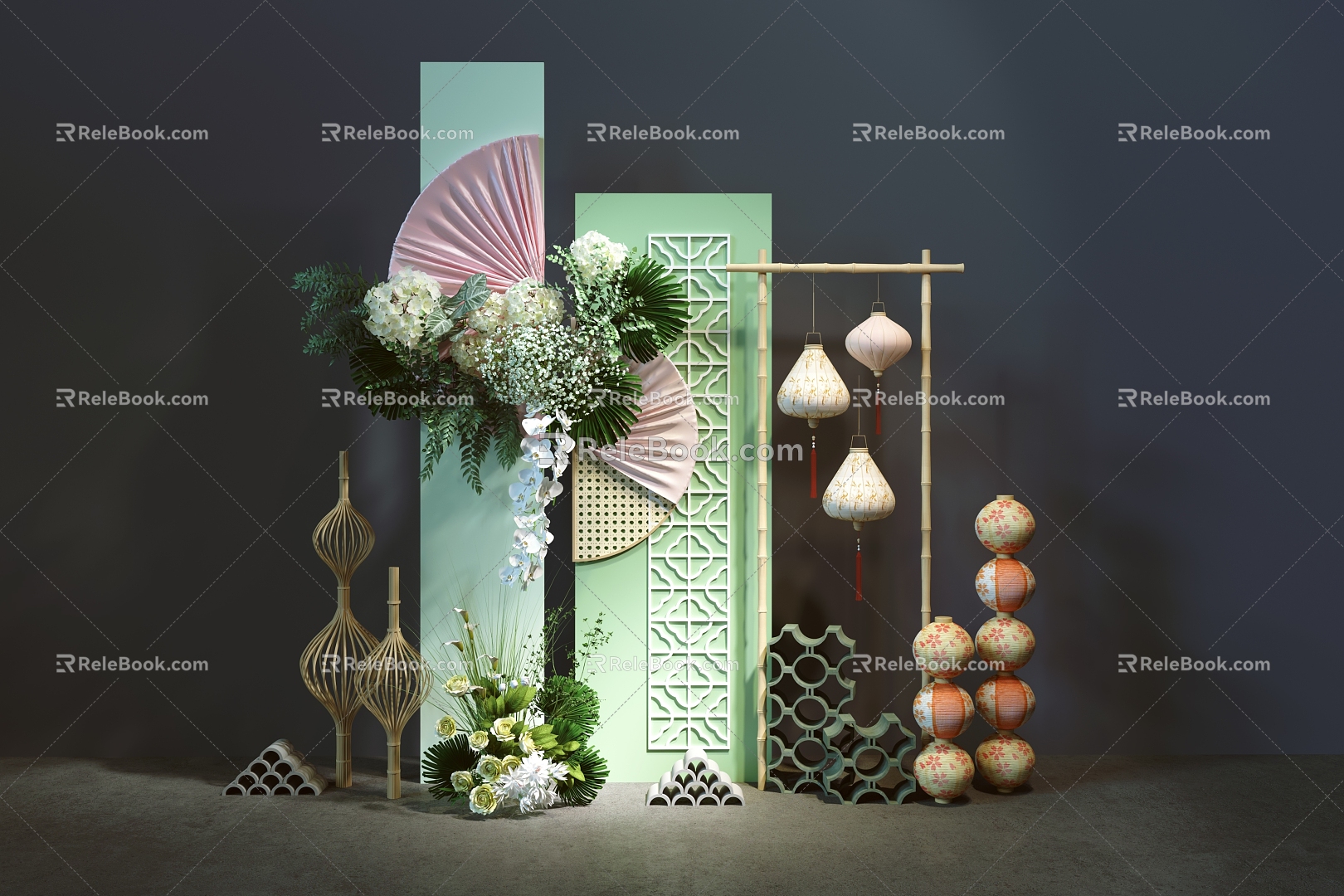 Wedding Photo Meichen Sign-in Welcome Area New Chinese Style Guining Banquet Bamboo Handover Table Green Floral Art Niche Wedding Window Chinese Style Nanyang Style 3d model