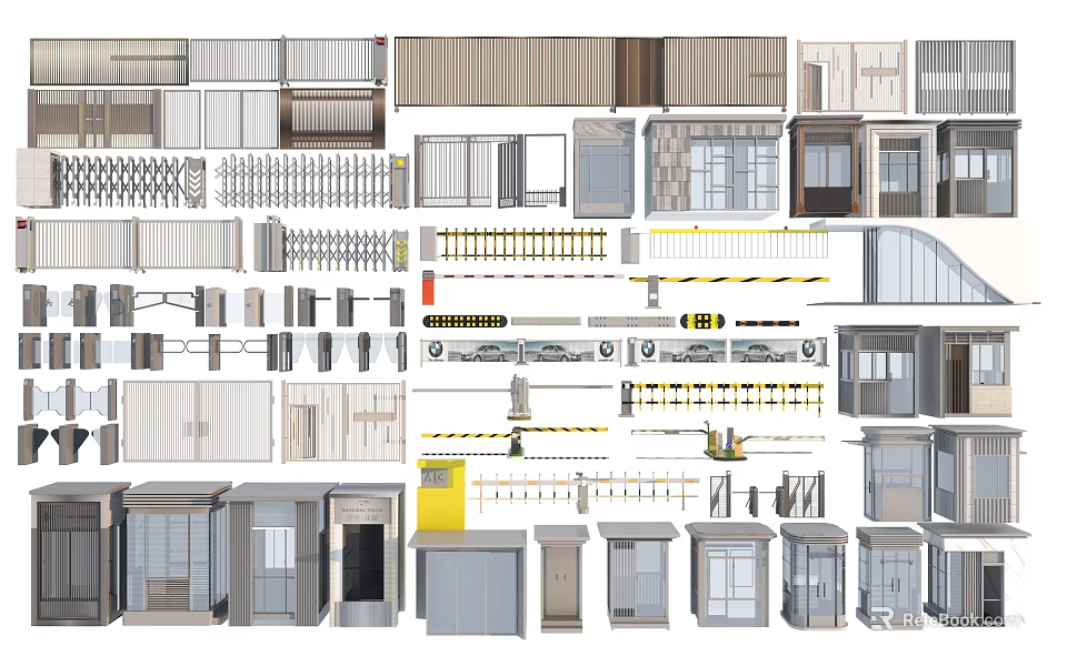 Various Architectural Exterior Wall Designs With Diverse Panels Railings And Windows 3d model 