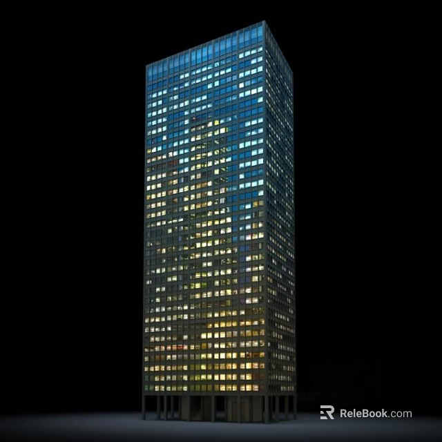 Modern Tall Office Building Exterior With Illuminated Windows At Night 3d model 