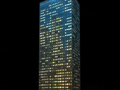 Modern Tall Office Building Exterior With Illuminated Windows At Night 3d model