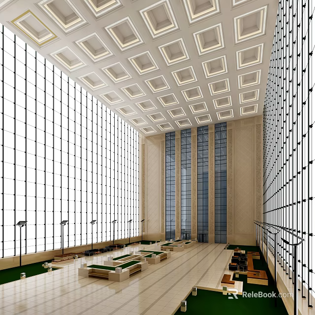 Modern Front Desk Reception Lobby With Large Glass Windows And Geometric Ceiling Design 3d model