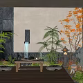 Tranquil Indoor Courtyard Landscape With Lattice Screen Stone Lantern Water Fountain Maple Tree Wooden Floor