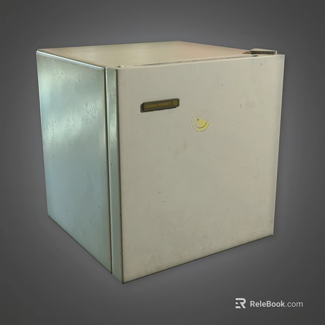 White Cube Shaped Refrigerator Freezer with Front Label and Yellow Smiley Sticker 3d model 