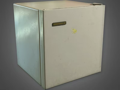 White Cube Shaped Refrigerator Freezer with Front Label and Yellow Smiley Sticker 3d model