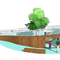 Outdoor Recreational Space With Curved Wooden Walkways Blue Surface And Tree Shaded Seating Area