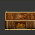 Antique Roll Top Writing Desk with Ornate Gold Red Inlay Carvings Classic Wooden Decorative Details