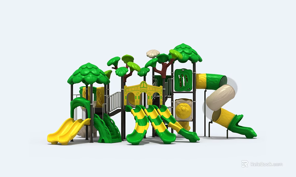Colorful Playground Equipment with Green Yellow Slides and Tree Shaped Structures 3d model
