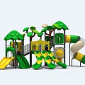 Colorful Playground Equipment with Green Yellow Slides and Tree Shaped Structures 3d model