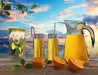 Refreshing Orange Juice in Glass Pitcher with Glasses Straws Sliced Oranges and Lime Ice Cubes 3d model