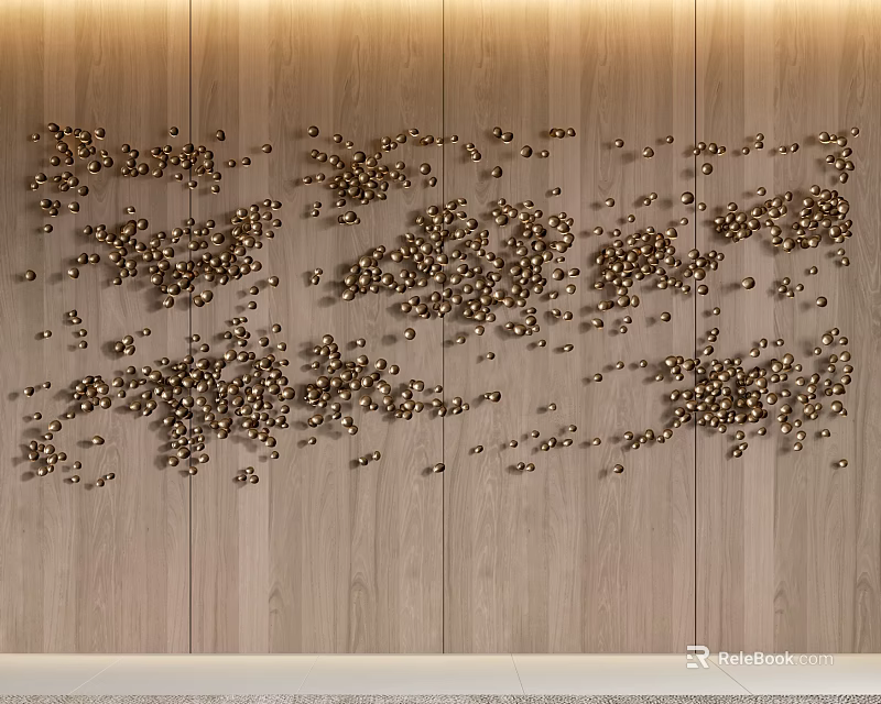 Modern Wall Decor On Wooden Panel Background With Gold Spheres Arranged Artistically 3d model 