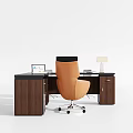L shaped Wooden Office Desk With Computer Monitor Laptop Lamp And Orange Chair