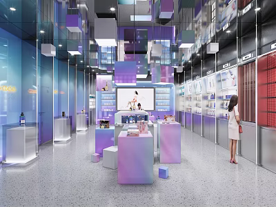 Bright Modern Specialty Store With Purple Blue Cube Decorations And Display Counters 3d model